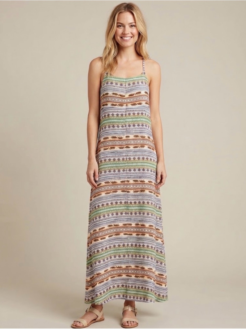 Mara Hoffman Striped Maxi Dress with Tigers in Green, Orange and Cream